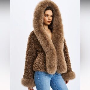 Jumbo Kali Camel Vegan Shearling Fur Trimmed Coat